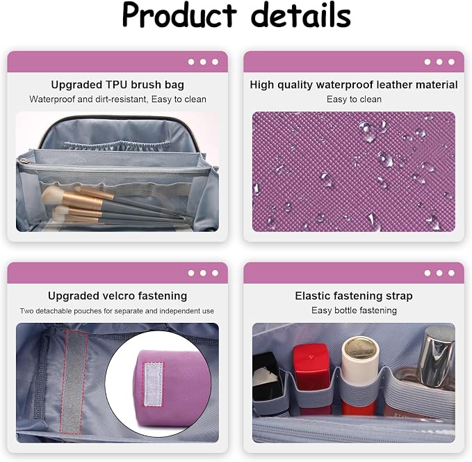 BOYATU Travel Makeup Bag Organizer Cosmetic Bag: 3 Pcs Set Make up Bags for Women with Handle - Waterproof Vegan Leather Toiletry Bags Travel Essentials Pouch with Compartments (A-05-Purple) - Image 5
