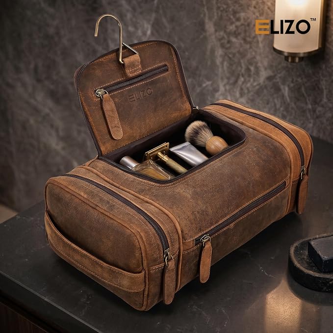 ELIZO Real Leather Toiletry Bag for Men - Extra Large Hanging Travel Organizer for Toiletries, Ideal for Dopp Kit & Shaving Kit for Men, Essential Mens Travel Toiletry Bag for Toiletries (Grizzly) - Image 6