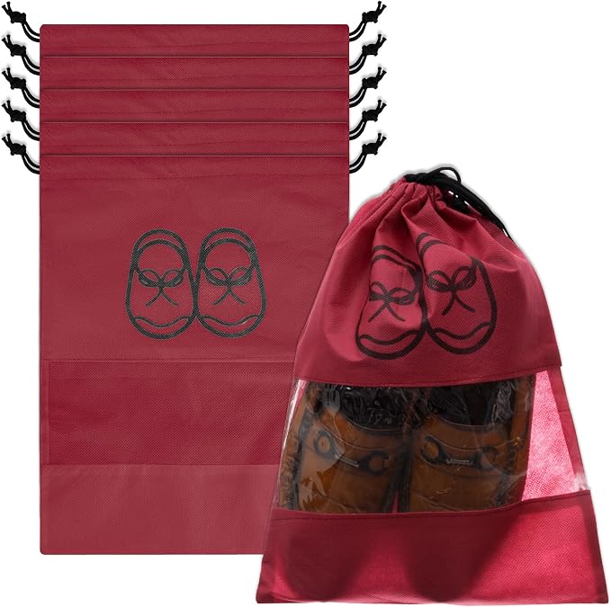 Kuber Industries Shoe Cover | Travel Shoe Storage Bags | Non-Woven Storage Bag | Shoe Cover with Drawstring | Shoe Organizer with Clear window | Plain | Pack of 6 | Maroon by Kuber+Industries