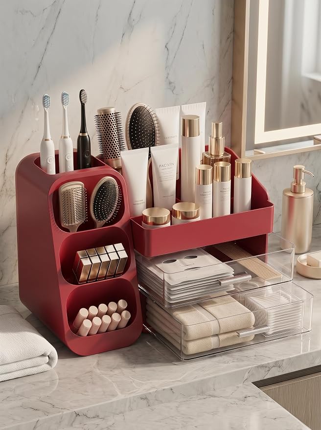 Booklov Makeup Organizer for Vanity, Large Capacity Cosmetic Display Case with Clear Acrylic Drawers, Countertop Beauty Storage Holder for Skincare, Brush Eyeshadow Lipstick, Counter Desk, Crystal Red - Image 4