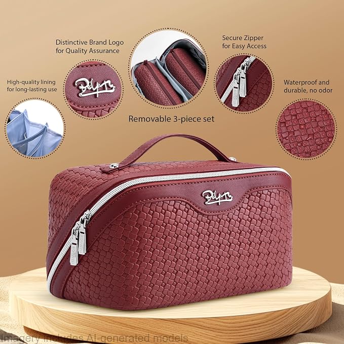BOYATU Travel Makeup Bag Cosmetic Bags for Women: Large Capacity 3 Pcs Set Make up Bag with Compartments - Waterproof Vegan Leather Toiletry Organizer Bags with Handle (L52Burgundy) - Image 2