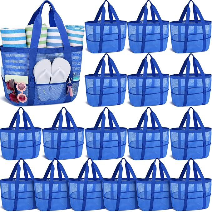 Hillban Large Beach Mesh Bags Bulk for Women Beach Tote Bag with 8 Pocket Zipper Waterproof Sandproof for Pool Cruise Ship by Hillban