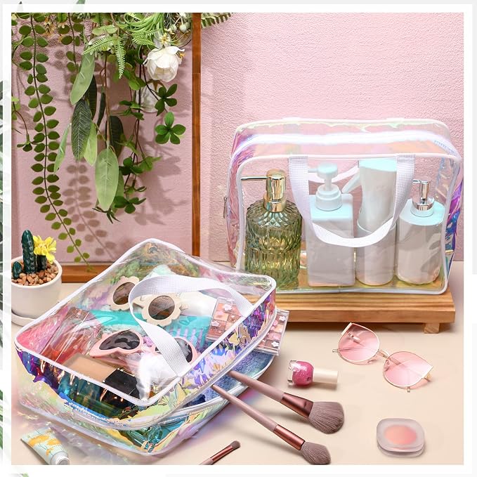 Sweetude 10 Pcs Large Clear Toiletry Bag with Handle Large Capacity Travel Iridescent Beach Makeup Bag PVC Clear Plastic Tote Punch Cosmetic Clothes Storage Organizer for Women Men (White) - Image 4