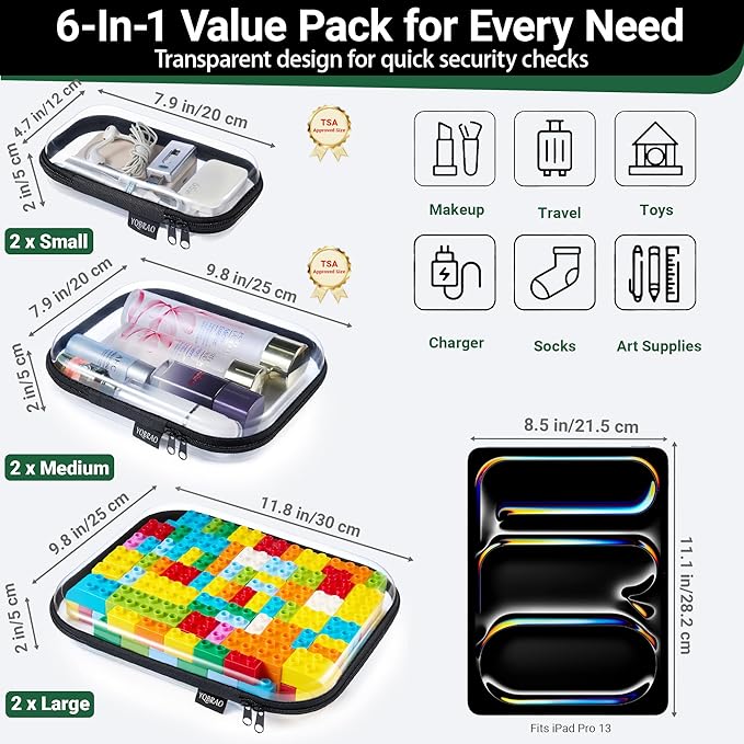 YQBRAO 6 Pack Sleek Black Clear Hard Shell Zipper Case, 1.2mm Heavy Duty Tech & Cosmetic Bags, Crush-Proof Electronic Storage & Makeup Organizer for Travel, Tools & Diaper Bag (2L+2M+2S) - Image 4