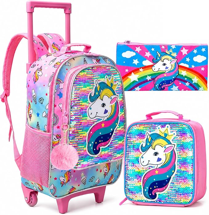 AGSDON 3PCS Rolling Backpack for Girls Boys, Kids Roller Wheels Bookbag, Wheeled School Bag with Lunch Bag by AGSDON