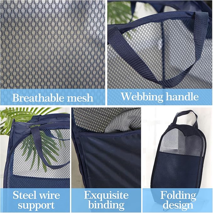AQQA 6 Pcs Handy Laundry Collapsible Mesh Foldable Hampe (Black/White/Blue),Popup Laundry Basket with Durable Handles,Pop-up Mesh Hamper Dirty Clothes Basket for Kids Room, College Dorm or Travel - Image 3