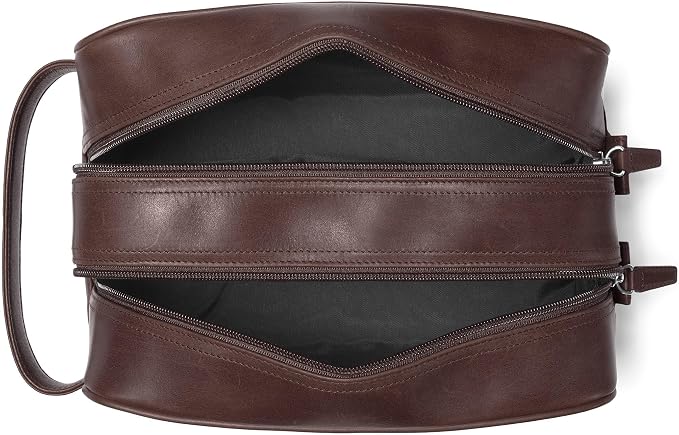 Leatherology Premium Mahogany Double Zip Toiletry Bag – Full-Grain Leather Men's Dopp Kit with Dual Compartments, Water-Resistant Lining & Top-Stitched Handle - Image 3