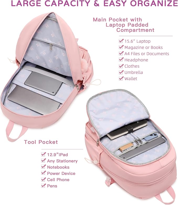 Laptop Backpack 15.6 Inch Elementary Middle High School Bag College Backpacks with Lunch Box Pencil Pouch 3 PCS Set Travel Bookbags for Teens Girls Women Students (Pink) - Image 2