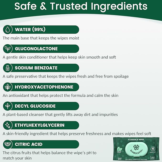 WONDERFUL Flushable Butt Wipes, Mint 100% Plant-Based Wet Wipes for Adults & Kids, Sewer & Septic Safe, Gentle for Sensitive Skin, Wipes Flushable Pack for Bathroom & Travel, 1-Pack (60 Wipes)