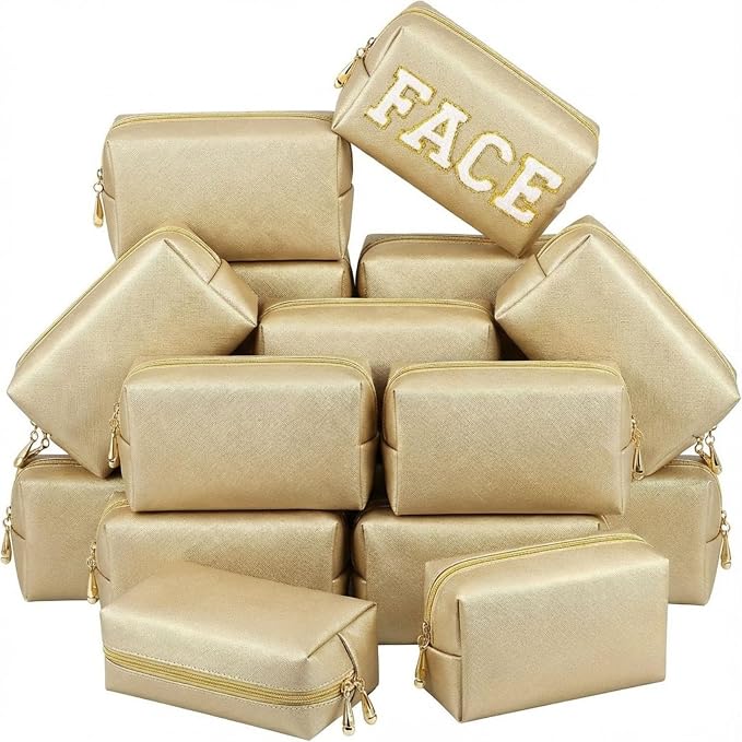 Kigeli Aesthetic Makeup Bags PU Leather Cosmetic Pouches Waterproof Plain Toiletry Bags Makeup Pouches Bulk for Women Party Gift Travel Storage Organizer(Champaign Gold,7.1 x 2.8 x 4.3 in) by Kigeli