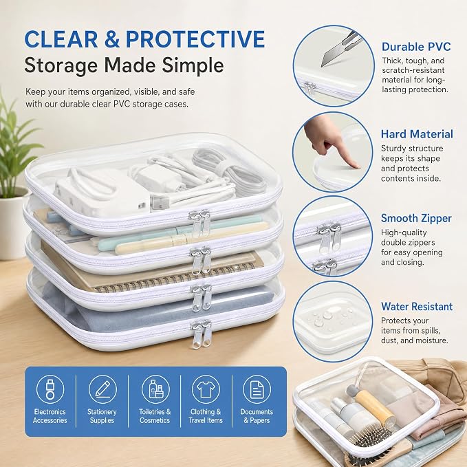Clear Hard Plastic Zipper Case,Transparent Double Zippers Hard Pouch with 3pcs,Portable Travel Organizer Bin for Toy Storage - Image 2