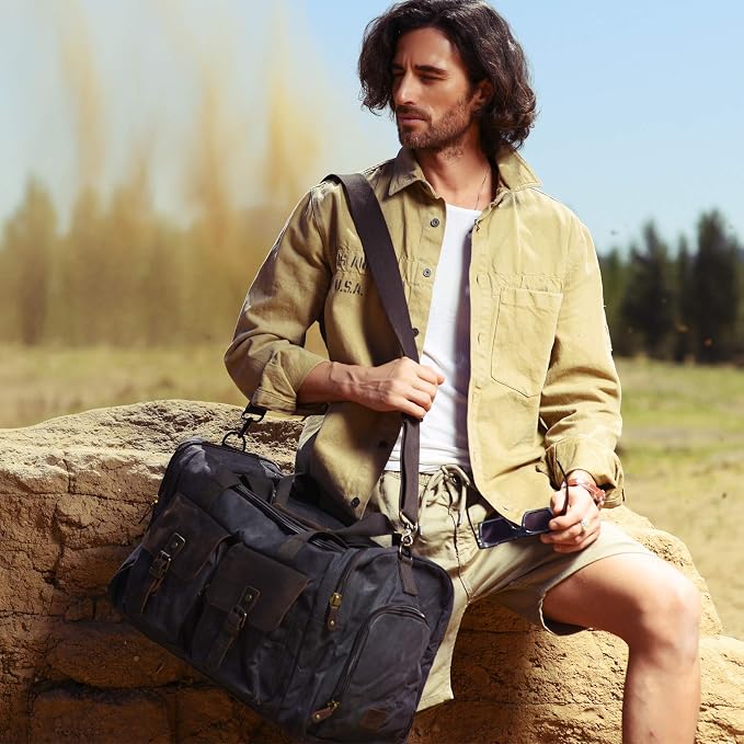 Waxed Canvas Duffel Bag with Shoe Compartment | Waxed Canvas Travel Bag for Men, Genuine Leather Trim, Shoe Compartment, Front Pockets, Weekend, Overnight and Carry-On Use - Image 6