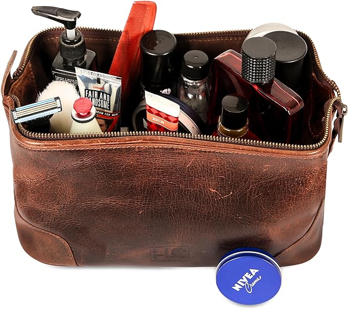 HLC Leather Toiletry Bag for Men Best Gift Premium Genuine Dopp Kit Shaving Kit Organizer Travel Kit Pouch Bag 10 inch Size (Brown) - Image 5