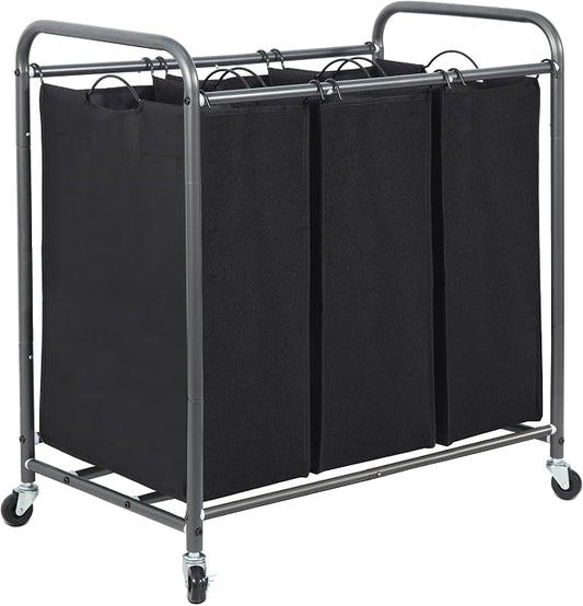 STORAGE MANIAC 3 Section Laundry Sorter, 35.6 Gal (135 L) Laundry Hamper Cart with Heavy Duty Rolling Lockable Wheels and Removable Bags, Clothes Organizer Basket Separator Hamper, Black by STORAGEMANIAC