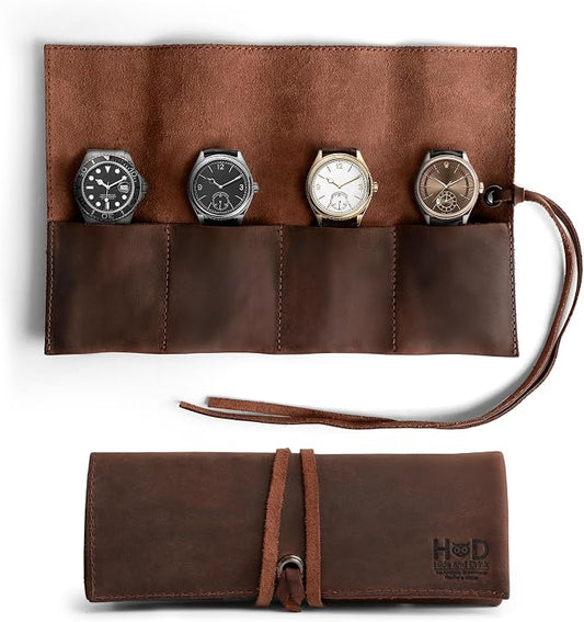 Hide & Drink, Leather Watch Roll Organizer Handmade from Full Grain Leather, Holds Up to 4 Watches, Easy Carry On Watchlover Storage (Bourbon Brown) by HideDrink