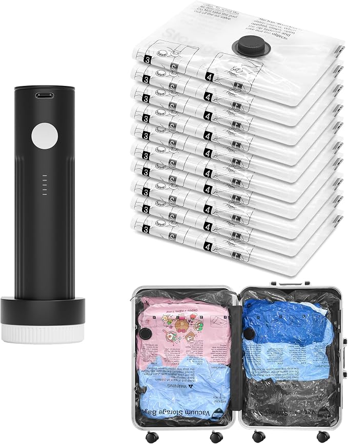 Vacuum Seal Bags for Clothing Travel and Home Storage, Travel Vacuum Bags with Electric Pump, Space Saver Compression Packing Cubes for Luggage Suitcase Bedding Blankets Clothes, 10 Small by SUOCO