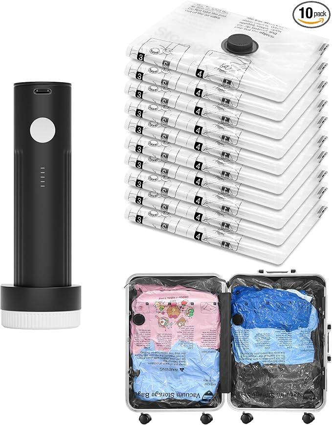 Vacuum Seal Bags for Clothing Travel and Home Storage, Travel Vacuum Bags with Electric Pump, Space Saver Compression Packing Cubes for Luggage Suitcase Bedding Blankets Clothes, 10 Medium by SUOCO