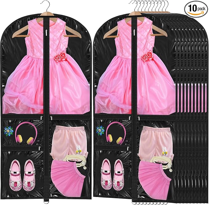 Windyun 10 Pack Garment Bags for Dance Costumes Kids 40 Inch Bags Hanging Clothes with 3 Clear Zipper Pocket Waterproof Garment Cover for Dance Competition, Travel, Closet Storage (Translucent Black) by Windyun