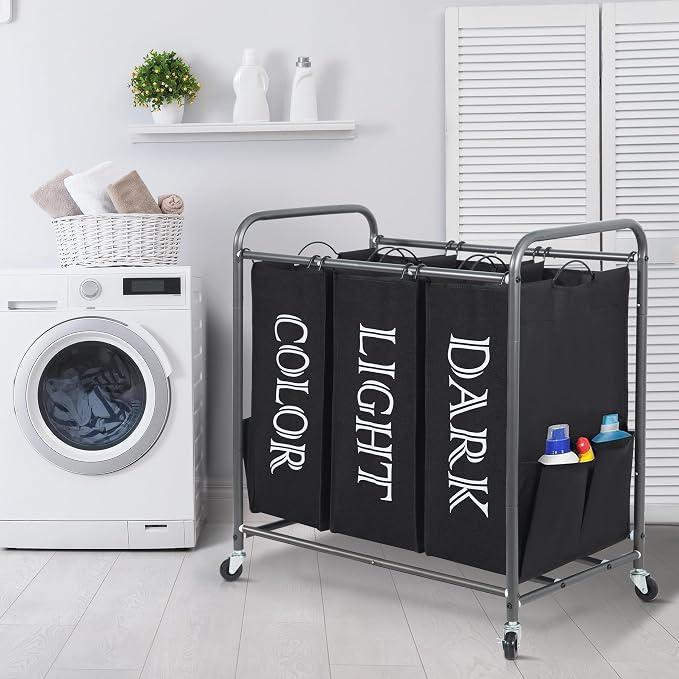 STORAGE MANIAC 3 Section Laundry Sorter, 35.6 Gal (135 L) Laundry Hamper Cart with Heavy Duty Rolling Lockable Wheels and Removable Bags, Clothes Organizer Basket Separator Hamper, Label Black - Image 8