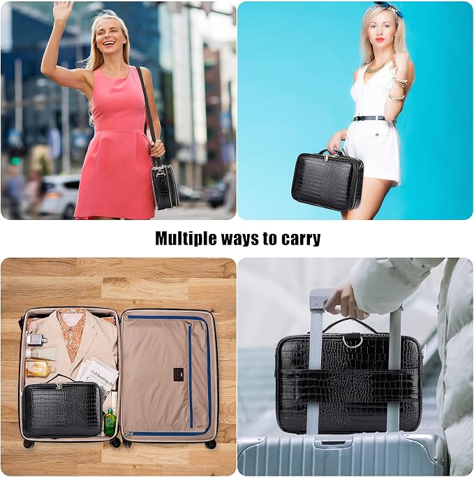 Travel Makeup Train Case,Large Capacity Cosmetic Bags for Women,Portable Makeup Bag Organizer with Adjustable Dividers & Shoulder Strap (Crocodile Pattern Black,Medium) - Image 2