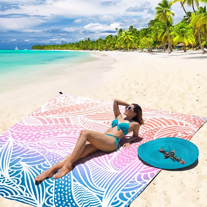 WIWIGO Beach Blanket Sandproof Extra Large Beach Mat Adults Waterproof Quick Drying Sand Free Mat Made by Premium Polyester with 4 Stakes & 4 Corner Pockets for Outdoor Travel Camping Hiking - Image 5