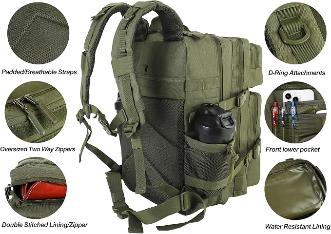 LHI Military Tactical Backpack for Men and Women 45L Army 3 Days Assault Pack Bag Large Rucksack with Molle System - Green - Image 6