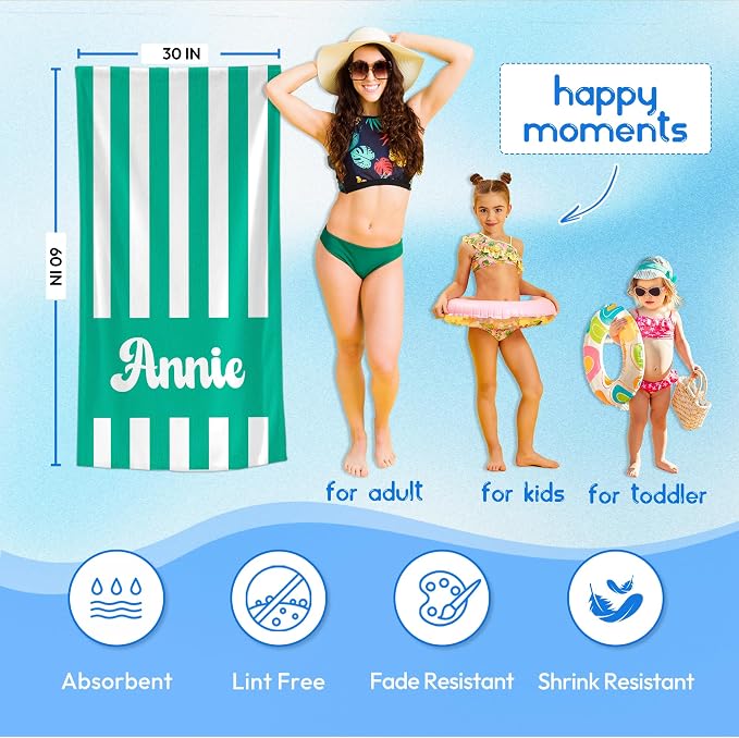 JML Personalized Beach Towel with Name, Custom Cabana Stripe Beach Towel, Customized Microfiber Pool Towel, Quick Dry & Absorbent Swim Towel for Adult,Mother's Day, Birthday, Summer Holiday,Vacation - Image 3