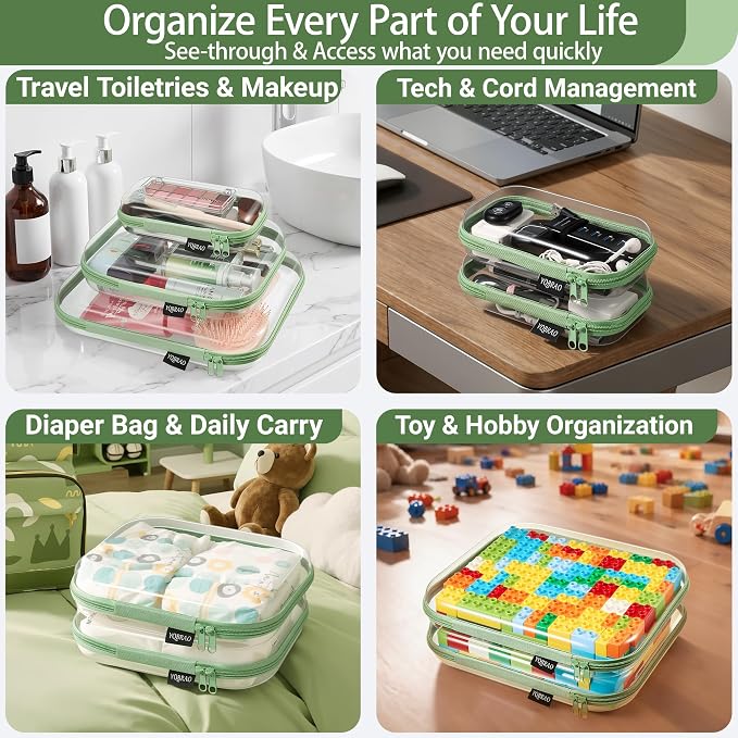 6 Pack Green Clear Hard Shell Beauty Organizer (2M+4S), 1.2mm Heavy Duty Crush-Proof Cosmetic Case, Reinforced YKK Zippers, Stadium Approved Security Bag for Skincare & Electronics, Multi-Size Set - Image 3