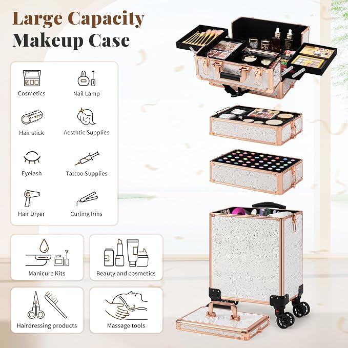 AROUS Rolling Makeup Train Case 5 in 1 Cosmetology Case on Wheels Large Cosmetic Organizer Travel Cart for Hairstylist Artist Nail Beauty Salon Barber,White - Image 4