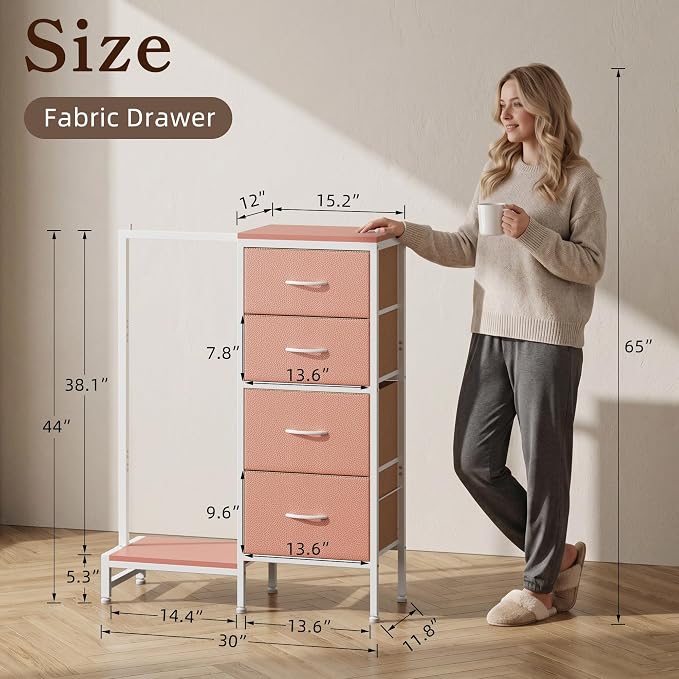 HIGDBFE Dresser with Hanging Rack, 4 Drawers Small Closet for Bedroom, Reversible Fabric Kids Chest of Drawers with Clothes Rack, Tall Storage Tower, Sturdy Frame, Pink, 44''H - Image 2