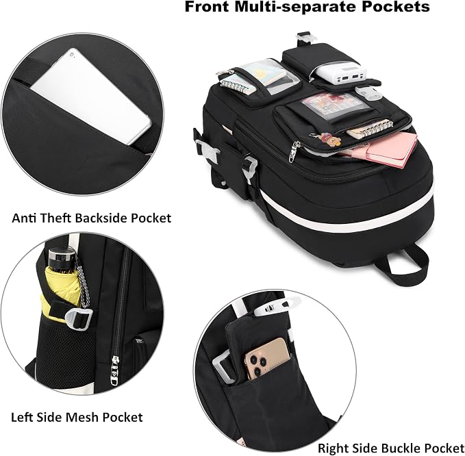 Laptop Backpacks 16 Inch School Bag College Backpack 3 PCS with Lunch Box Pencil Pouch Set Large Travel Daypack Kawaii Bookbags for Teens Girls Women Students (Black) - Image 3