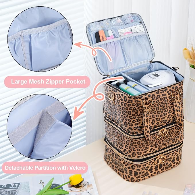 Uross Nail Polish Organizer Bag - Holds 84 Bottles & Lamp, Large Gel Storage Box for Tech Supplies Kit Case - Leopard - Image 3