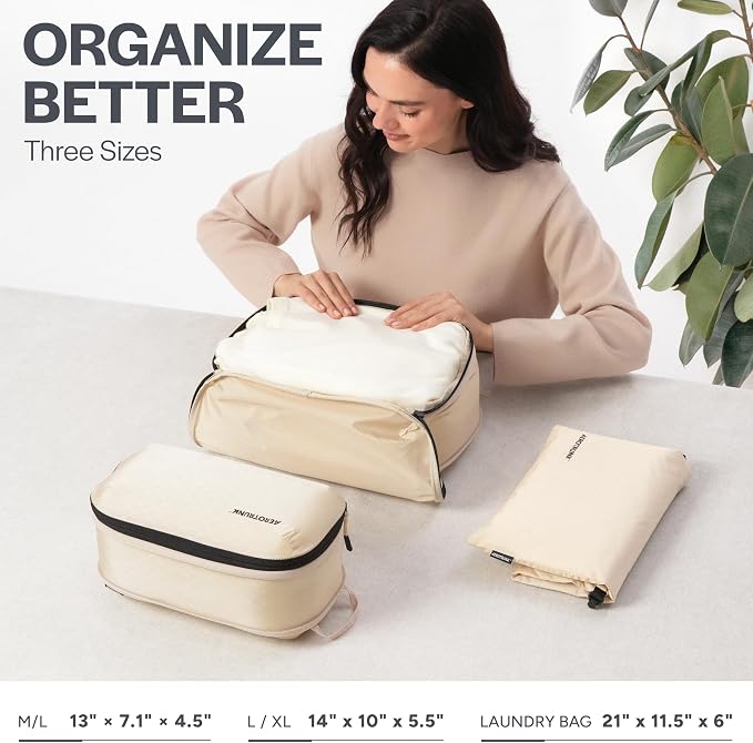 Aerotrunk Ultralight Compression Packing Cubes - Lightweight Travel Organizers for Suitcases and Luggage (3-Pack, Beige) - Image 3