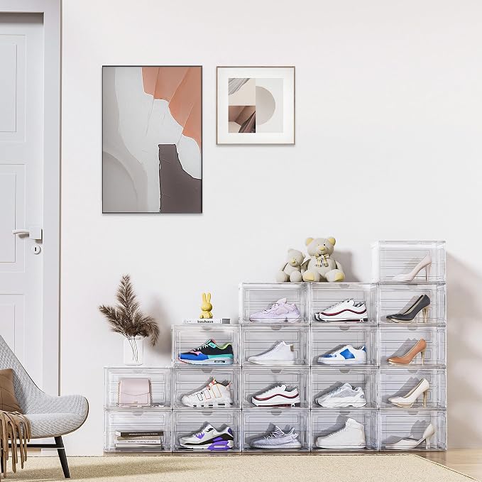 8 Pack XL Shoe Storage Box Organizer,Drop Side Large Shoe Boxes Clear Plastic Stackable Container,Magnetic Sneaker Display Case, Fit up to US 13（13.4”x 10.6”x 8.3”(8 Pack Black) - Image 2