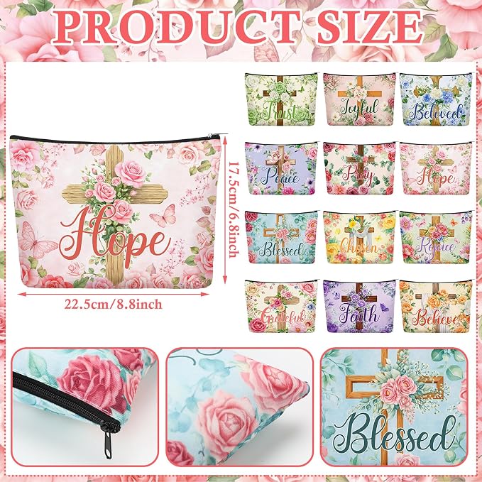 Sweetude 12 Pcs Christian Makeup Bags Bulk Religious Flower Cross Portable Travel Cosmetic Bags with Zipper Cross Waterproof Roomy Travel Toiletry Organizer Storage Beauty Pouch for Women Gifts - Image 3