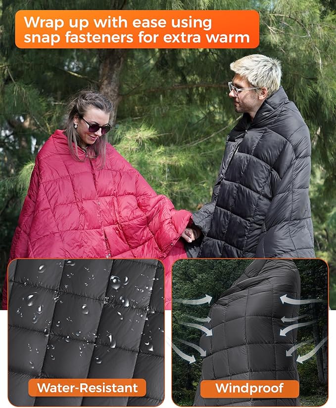 KingCamp Ultralight Camping Blanket, Packable Down Alternative Puffy Wearable Blankets Weatherproof Warm Package Quilt with Snap Buttons for Outdoor Hiking Travel Picnic Stadium (78.7" x 56.7", BLACK) - Image 5