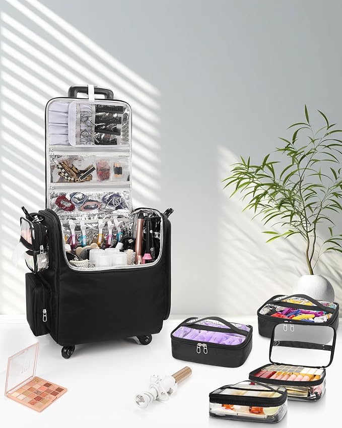 Relavel Rolling Makeup Train Case with 4 Pcs Clear Makeup Bags, Hairstylist Traveling Bag with 4 Wheels, Heat Insulation Full Layer, Adjustable Dividers, Hair Tools and Cosmetics Storage Organizer - Image 2