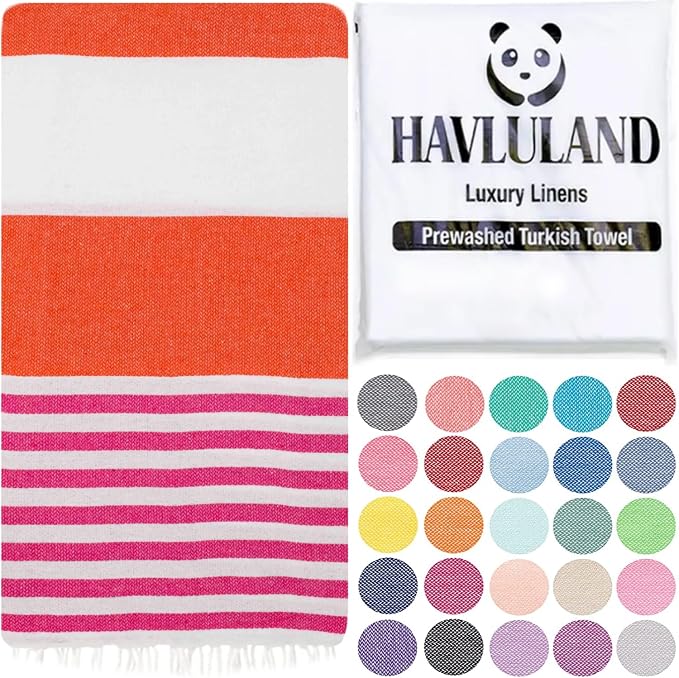 HAVLULAND Turkish Beach Towels, Oversized 40"x72" Turkish Bath Towel, Highly Absorbent Quick Dry Sand Free Beach Towels for Beach Pool Spa Gym Yoga Travel Camping Picnic Blanket - Orange/Fuchsia by Havluland