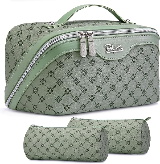 BOYATU Travel Makeup Bag Cosmetic Bags for Women: 3 Pcs Set Large Capacity Make up Bag with Handle - Vegan Leather Toiletry Bags with Compartments - Makeup Organizer for Travel Essentials(A-5-Green) by BOYATU