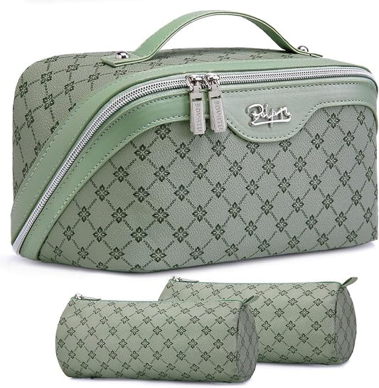 BOYATU Travel Makeup Bag Cosmetic Bags for Women: 3 Pcs Set Large Capacity Make up Bag with Handle - Vegan Leather Toiletry Bags with Compartments - Makeup Organizer for Travel Essentials(A-5-Green) by BOYATU