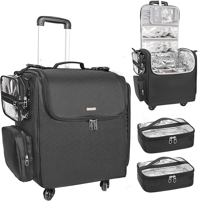 Relavel Rolling Makeup Train Case, Hairstylist Traveling Bag with 4 Wheels, Heat Insulation Full Layer, Adjustable Dividers, Hair Tools and Cosmetics Storage Organizer Trolley Suitcase Makeup Cart by Relavel