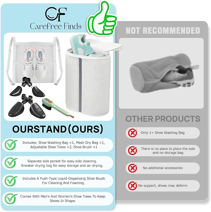 Upgraded Dual Compartment Design Shoe Bag for Washing Machine with Adjustable Shoes Trees& Sneaker Dryer Bag, 420g Heavy-Duty Shoe Washing Machine Bag, Clasp-Lock Zipper for Maximum Protection - Image 5