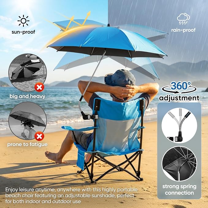 HaSteeL Low Beach Chair Set of 2, Foldable Blue Camping Chair with Adjustable Umbrella Set for Adults, Lightweight Portable Lawn Chairs for Fishing, Picnic, Outdoor BBQ, Travel, Sports - Image 5