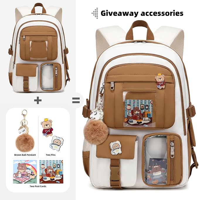 LXYGD Laptop Backpacks 16 Inch School Bag College Backpack 3 PCS with Lunch Box Pencil Pouch Set Large Travel Daypack Kawaii Bookbags for Teens Girls Women Students (Beige Khaki) - Image 4