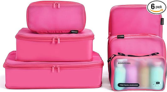 6 Set Compression Packing Cubes for 7–14 Day Travel, Rose Red | Nylon Oxford Fabric, Full Breathable Mesh, Reinforced Double-Zipper, Small to Large Size Bag, Expandable Packing System by SOARSAIL