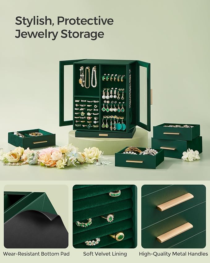 SONGMICS GISELLA Collection - Jewelry Box Organizer 360° Rotating, Vertical Jewelry Storage Case with 5 Drawers, Glass Window, Spacious, Open Design, Great Gift, Forest Green UJBC170C01 - Image 5