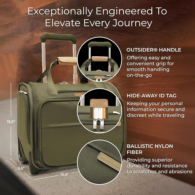 Briggs & Riley 2-Wheel Cabin Bag - Carry On Luggage for Travel, Suitcases with Wheels, Softside Rolling Bag for Men & Women, Interlocking Handle, Self-Repairing Zipper - Baseline Collection, Olive - Image 2