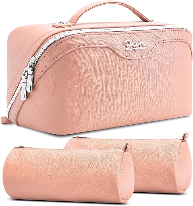 BOYATU Travel Makeup Bag Organizer Cosmetic Bag: 3 Pcs Set Make up Bags for Women with Handle - Waterproof Vegan Leather Toiletry Bags Travel Essentials Pouch with Compartments (C-05-Pink) by BOYATU