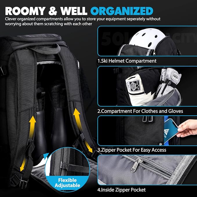 Hikenture Ski Boot Bag Backpack, 50L Padded Ski Bag & Snowboard Boot Bag with Drain Holes, Large Capacity Water-Resistant Ski Travel Bag for Ski Boots, Helmet, Goggles, Clothes, Gloves, Snowboard Gear - Image 3
