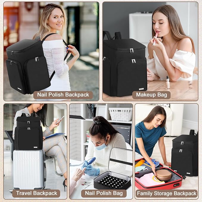 DERSTUEWE Professional Nail Polish Organizer Backpack, Black Storage Case with Multiple Compartments, Portable Travel Carrying Bag for Nail Art Supplies - Image 6